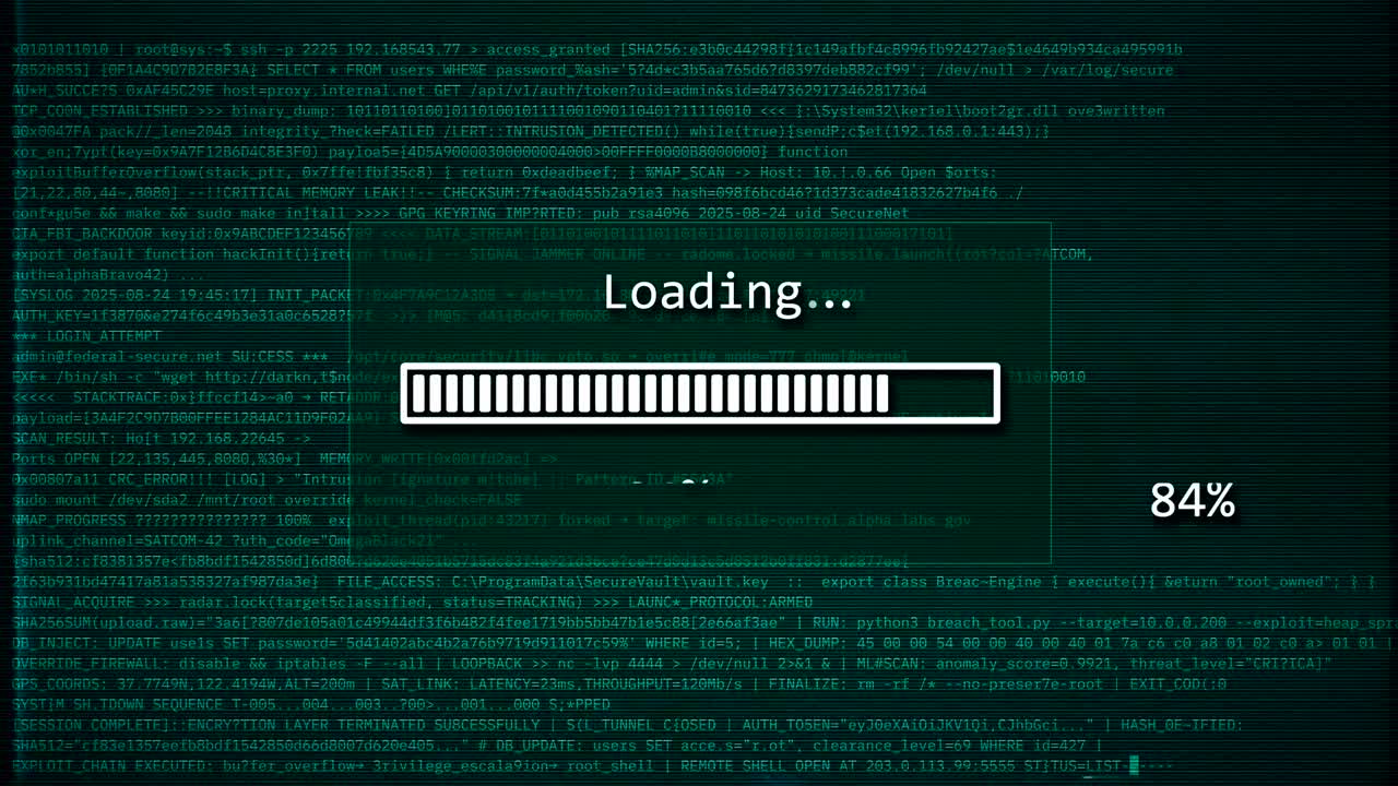 Digital Loading Progress Bar Animation with Code Background, System Processing and Completion Interface Loop