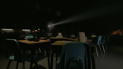 empty classroom with desks and chairs