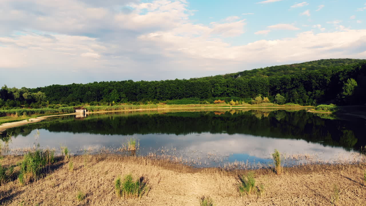 Aerial drone view of a calm lake reflecting the forest and clouds above