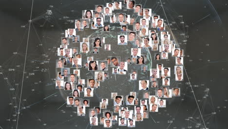 animación de fotos de usuario, procesamiento de datos y globo sobre fondo gris