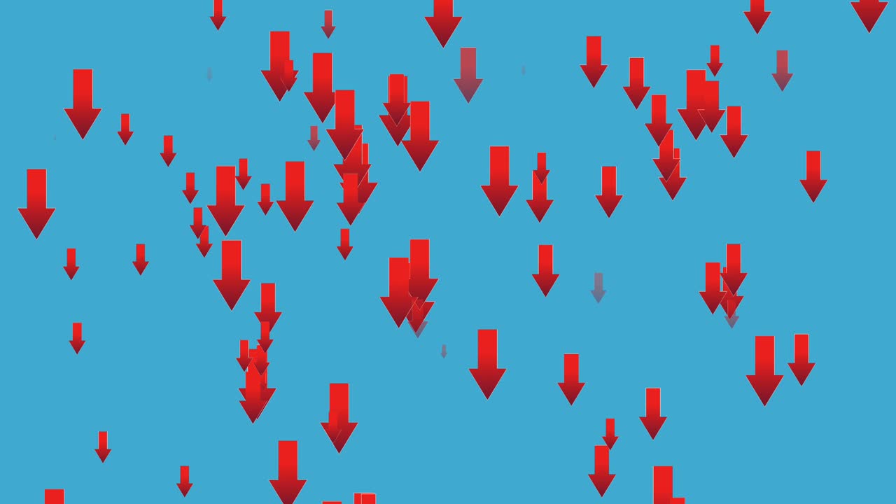 flecha roja señal de animación de lluvia símbolo en pantalla azul, color rojo moviéndose hacia abajo flecha de dibujos animados 4k imágenes animadas elementos de superposición de video