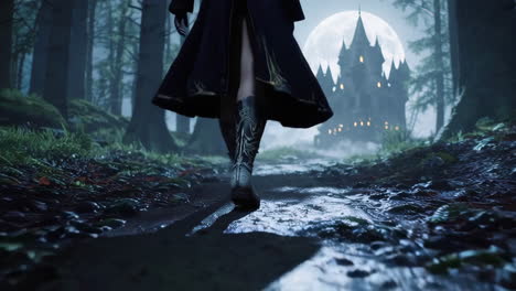 woman walking through a mysterious forest towards a castle at night