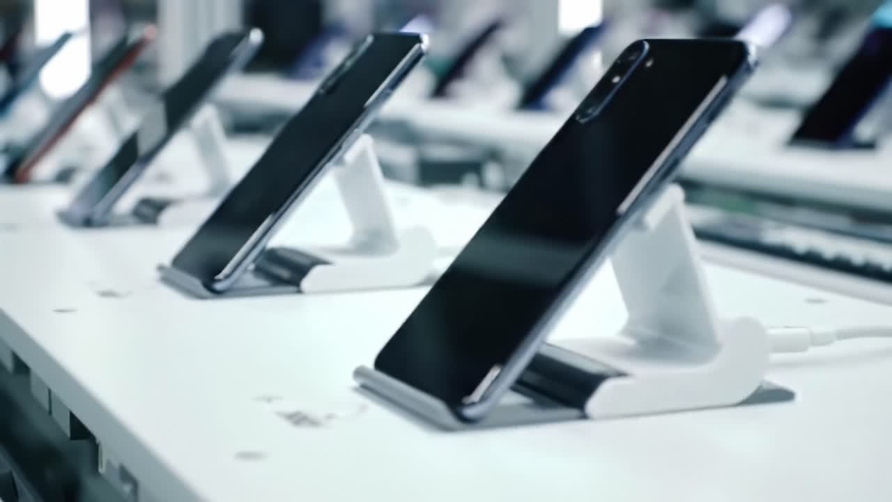 Showcasing Modern Smartphones in a Retail Display: A Sleek and Stylish Array of Devices Ready for Purchase with a High-Tech Look