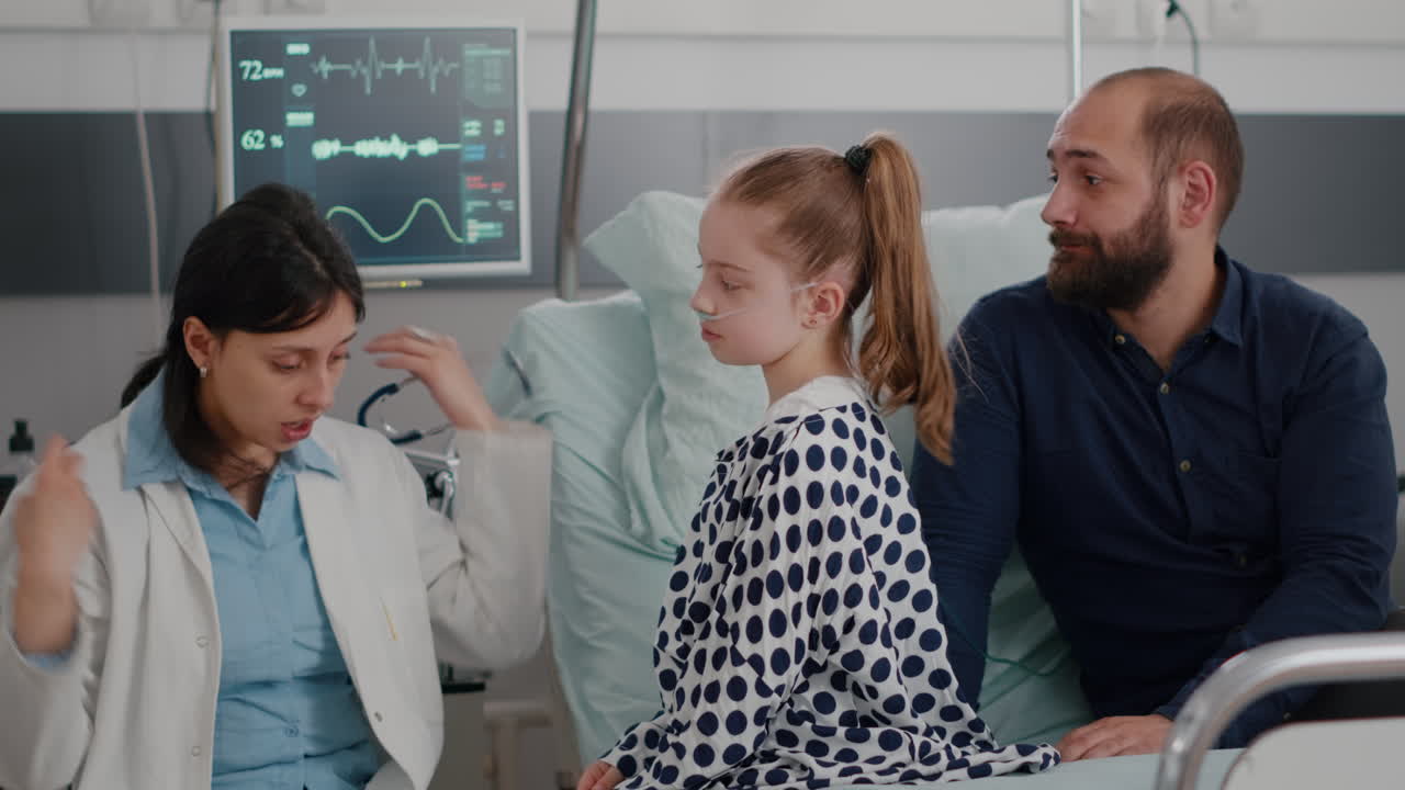 Pediatrician woman doctor consulting sick girl patient listening lungs using medical stethoscope