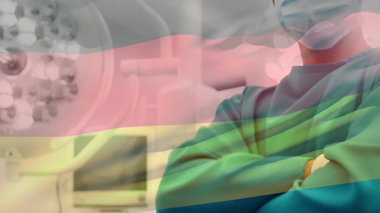 animación de la bandera de alemania ondeando sobre los cirujanos en el quirófano