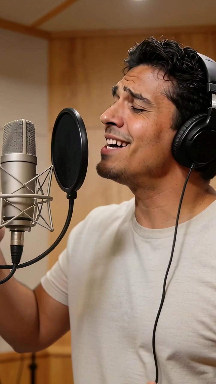 Video verticale: Inizio della registrazione, cantante uomo che registra una traccia vocale in studio con cuffie e microfono.