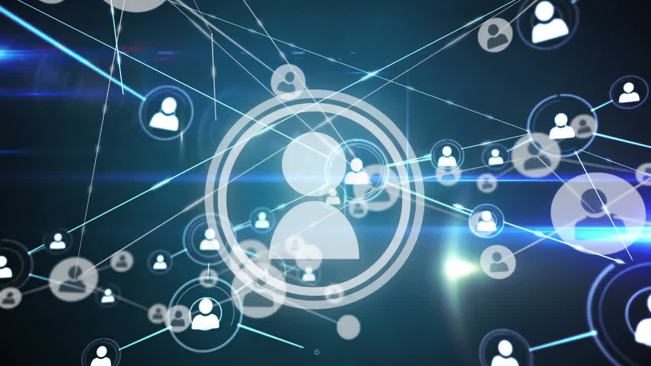 animación digital de la red de iconos de perfil y rastros de luz contra un fondo azul