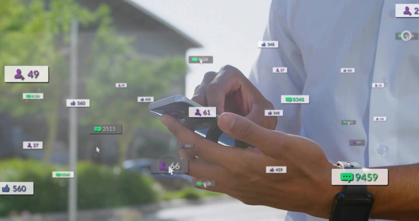 Man tapping smartphone activating floating social metrics icons boosting engagement