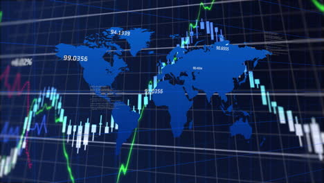 financial data and stock market trends animation over world map