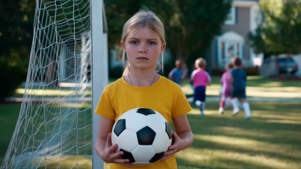 Uma menina segura uma bola de futebol com outras crianças brincando ao fundo