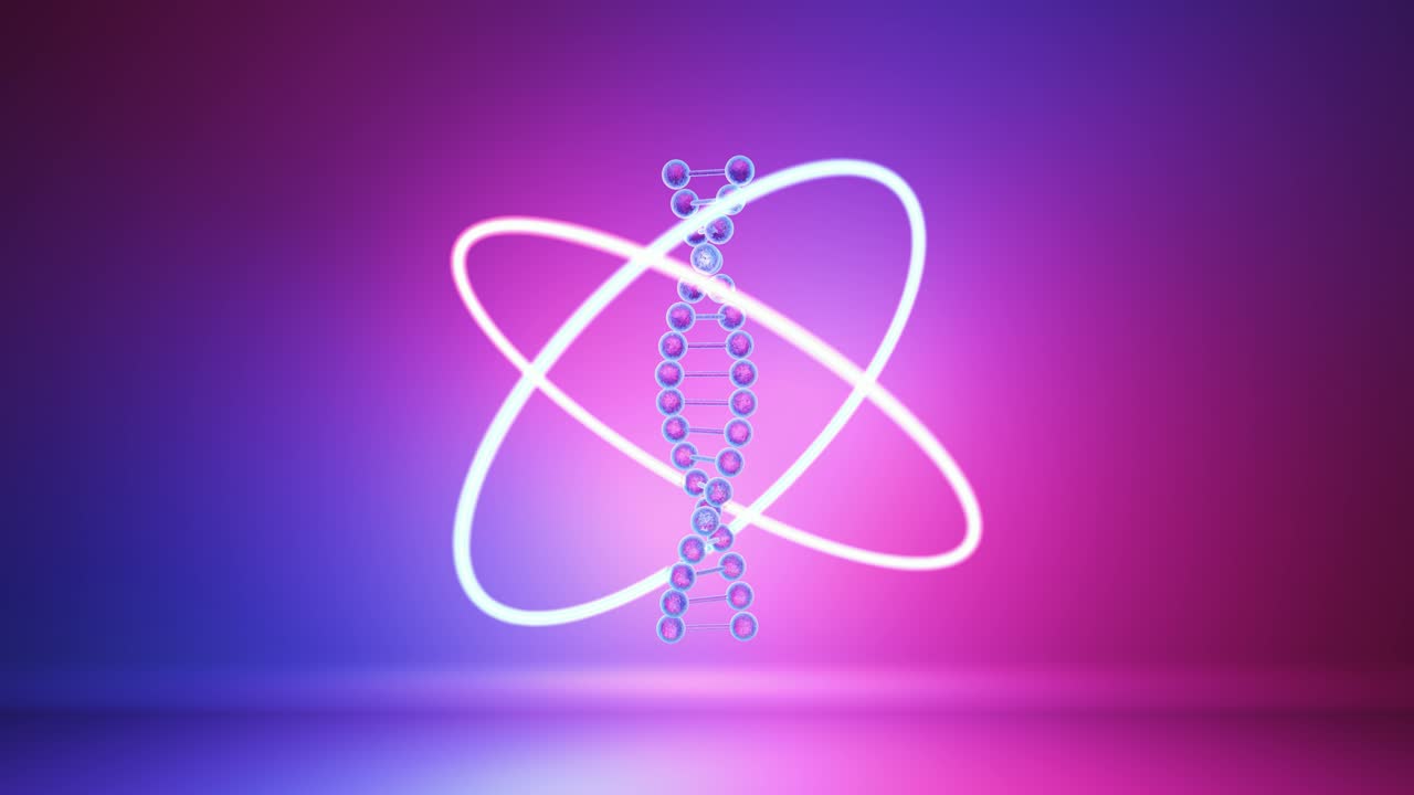The abstract chromosome of human dna is scanned by a laser. Animation of a neon glow.