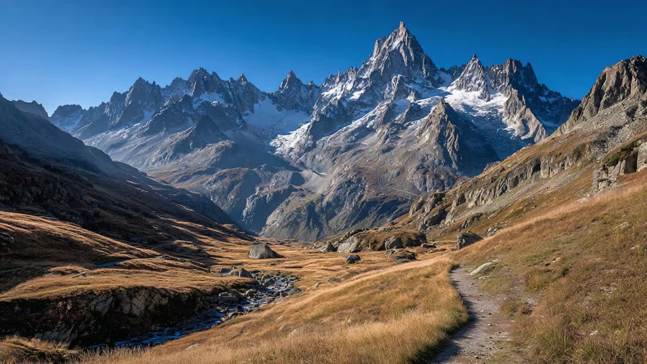Una maestosa catena montuosa con cime svettanti, circondata da colline dorate e un sentiero tortuoso sotto un cielo azzurro limpido.