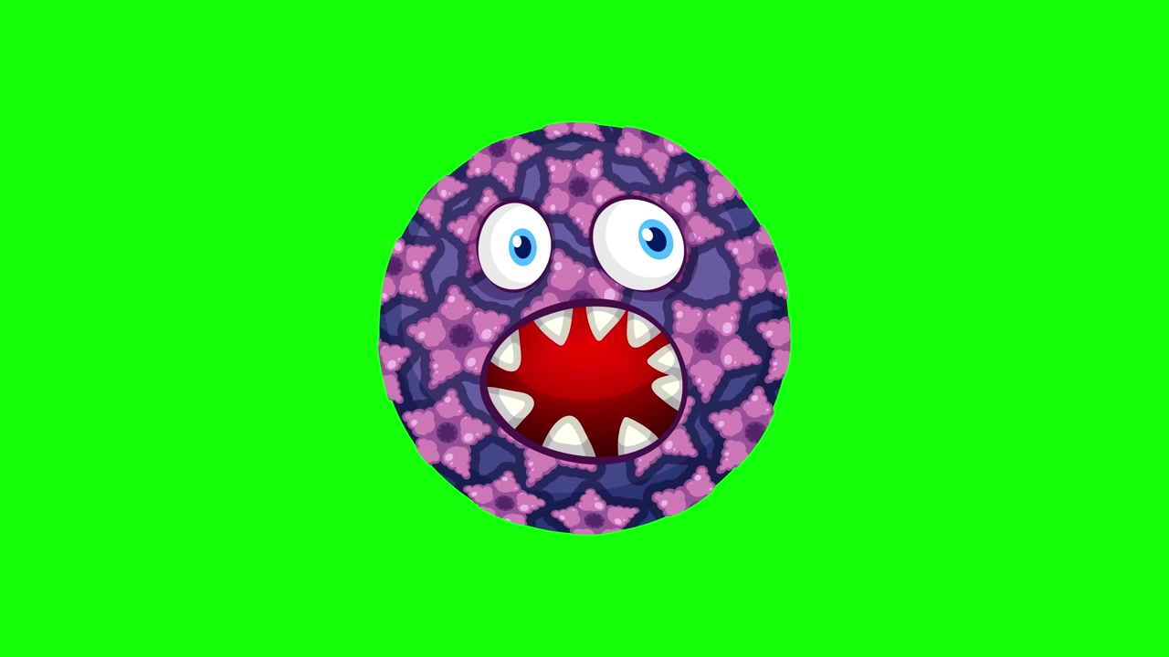 A vibrant virus character animates against shifting backgrounds, transitioning from black to white to green, with dynamic movements