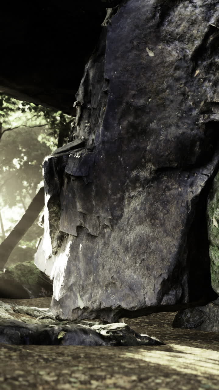 Esplorazione di una grotta misteriosa con la luce del sole che filtra tra gli alberi