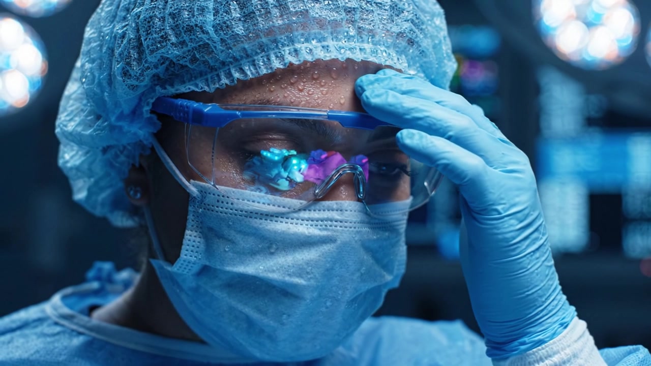 Professionista medico concentrato in tenuta chirurgica durante procedure critiche, evidenziando l'ambiente e gli strumenti in un contesto sanitario ad alta posta in gioco.