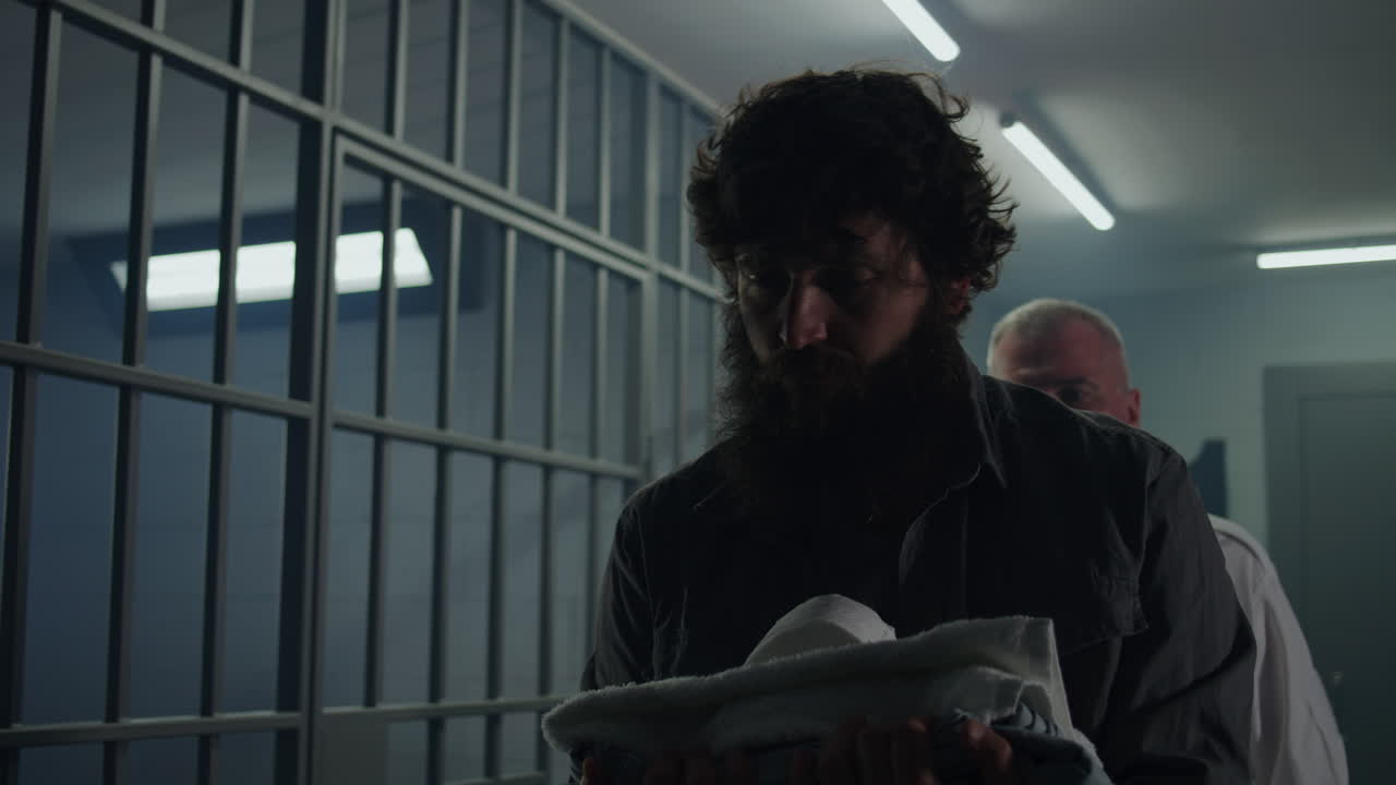 prisionero se sienta en la cama habla por teléfono en la celda de la prisión (imágenes de archivo)