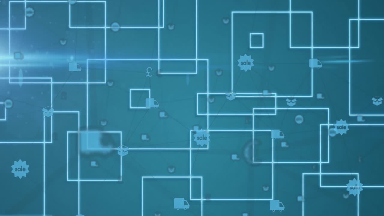 animación de la red de conexiones con iconos de compras en línea y contornos cuadrados