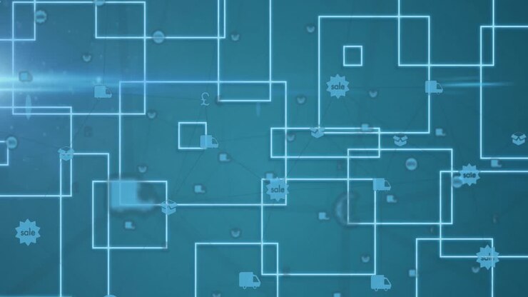 Animation of network of connections with online shopping icons and square outlines