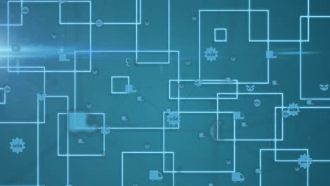 Animation of network of connections with online shopping icons and square outlines