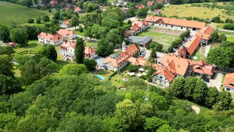 drone flight over buildings of a historic manor, view from behind trees