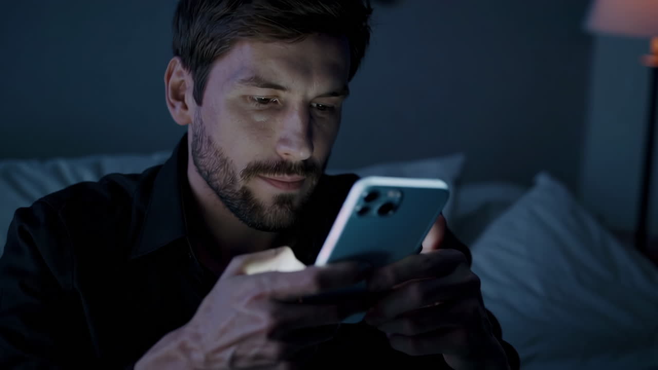 밤에 침대에서 스마트폰을 사용하는 남자