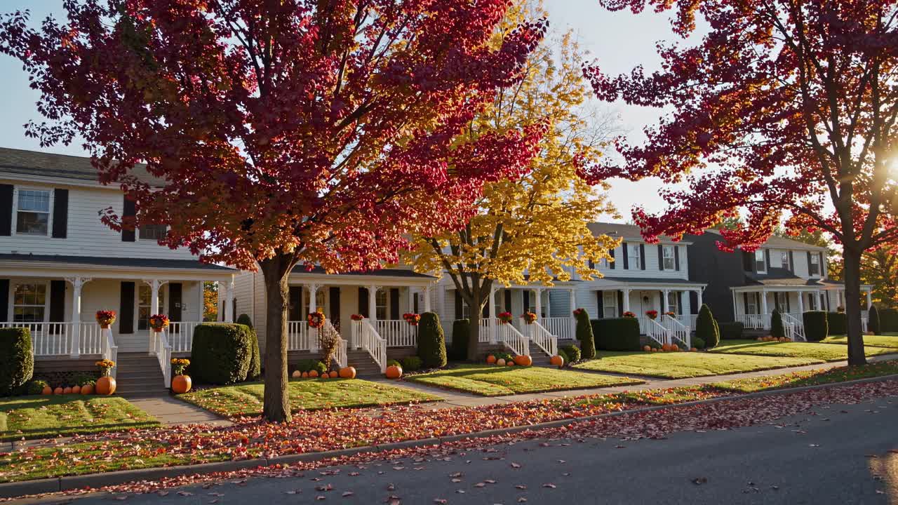 Charming suburban street in autumn, captured at eye-level