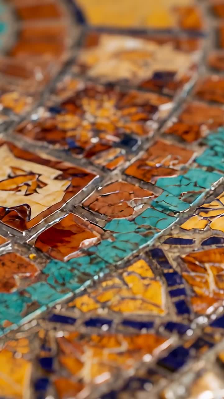 Verticale video: Bewegende camera onthult een mozaïek tafelblad in een kamer, met nadruk op geglazuurde metalen tegels.