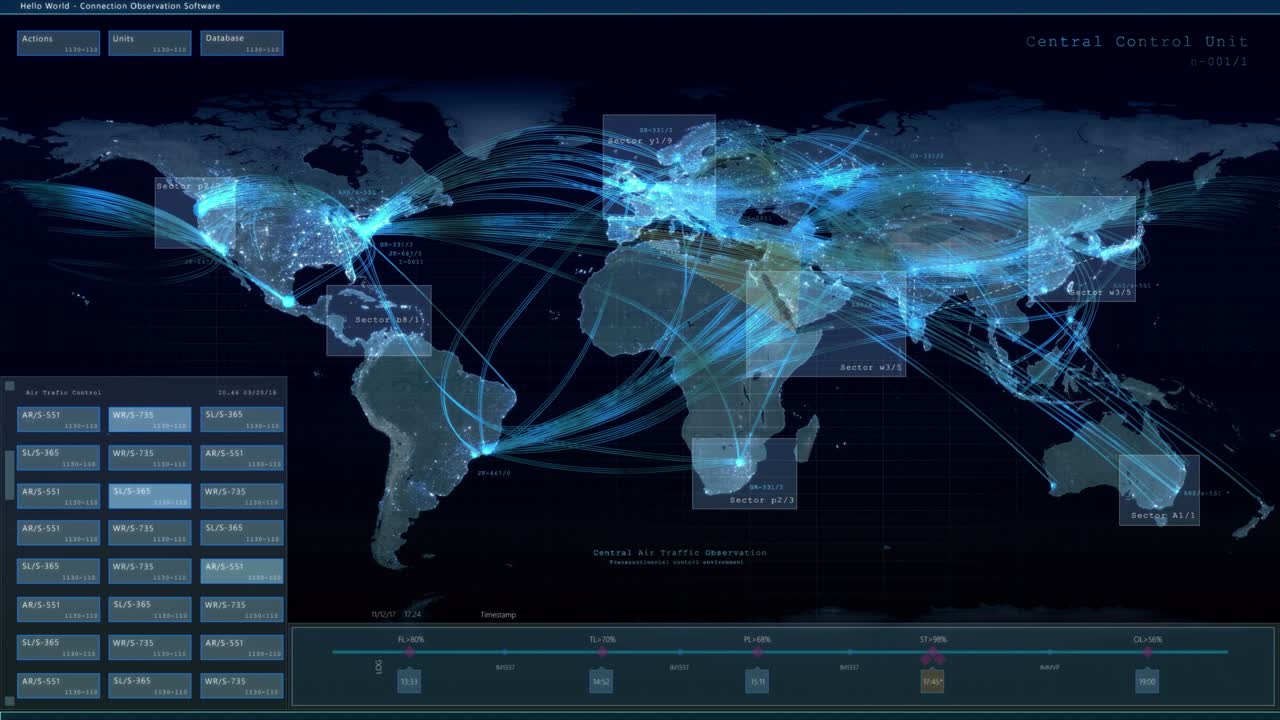 World Map with Global Air Travel Traffic Monitoring Mock-up. Dark Interface with Plane Destination Route Trackers. Airport Central Control Unit Template for Computer Displays and Laptop Screens.