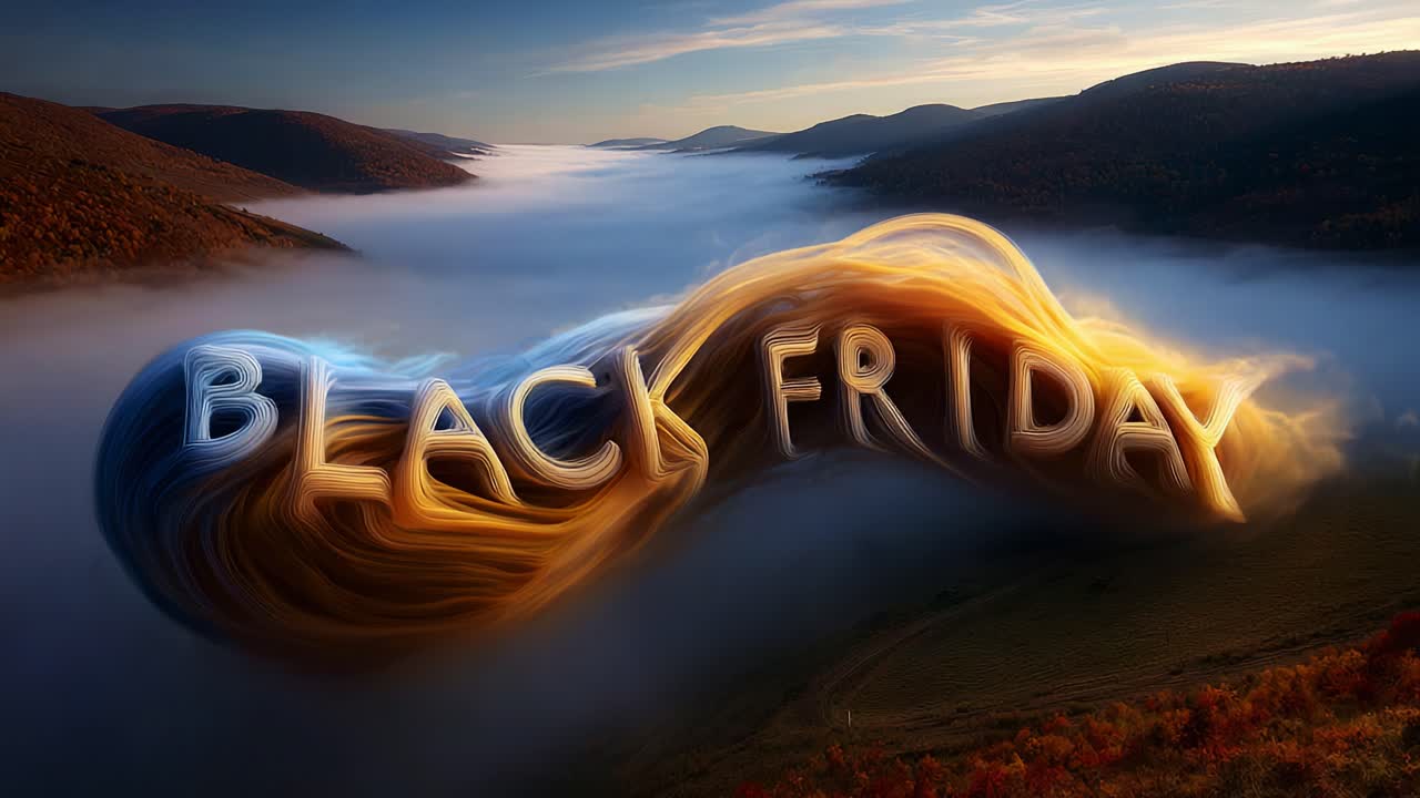 A mesmerizing visual representation of Black Friday, showcasing stylized text amidst a mystical landscape of fog and distant hills, capturing the excitement and anticipation of the shopping phenomenon