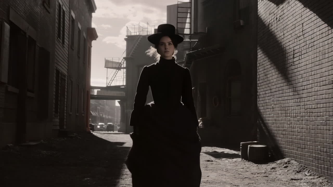 Woman in Victorian Attire in a Dark Urban Alley