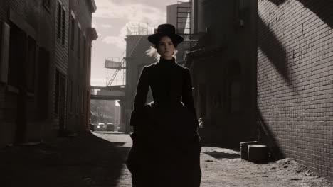 woman in victorian attire in a dark urban alley