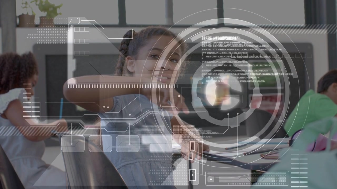 Girl tapping tablet, shifting from writing to smiling in classroom with HUD overlay giving feedback