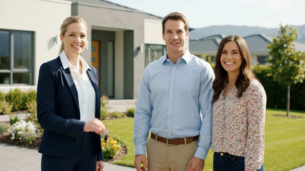 Real estate agent handing over house keys to a happy couple in front of their new home