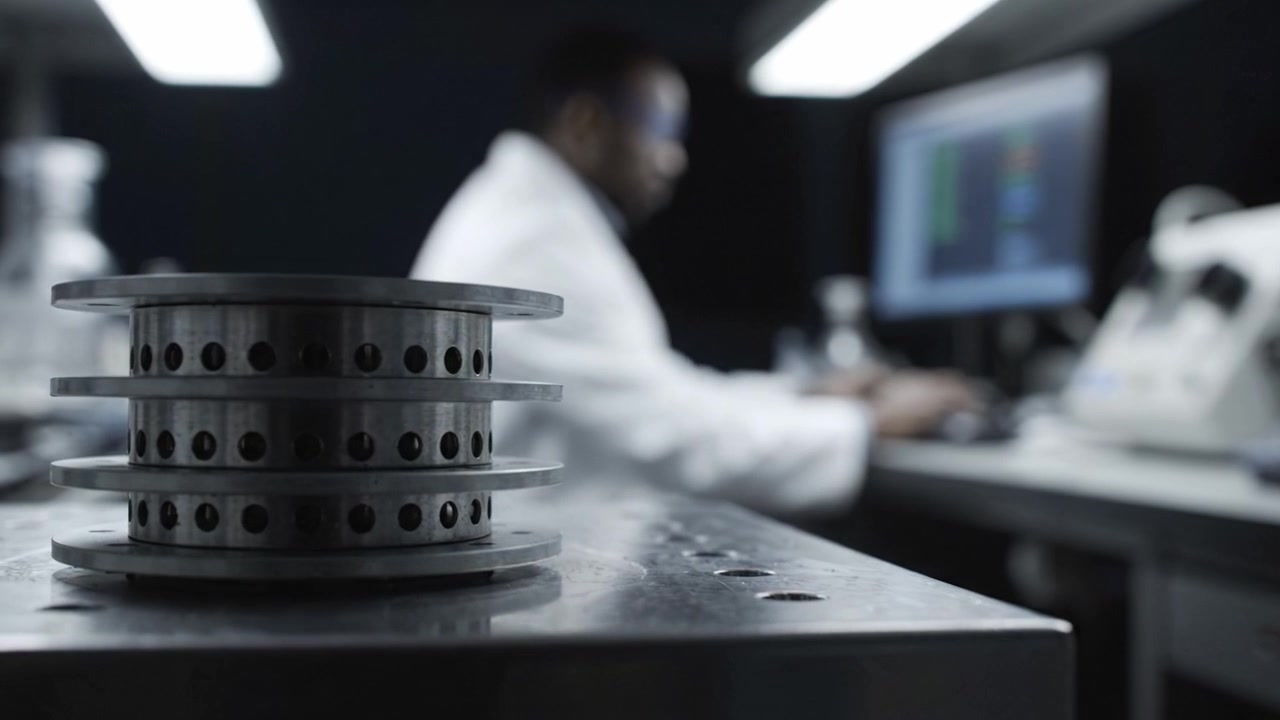 Focused Laboratory Setting Featuring Metallic Discs and a Researcher Engaged with a Computer Screen in a High-Tech Environment