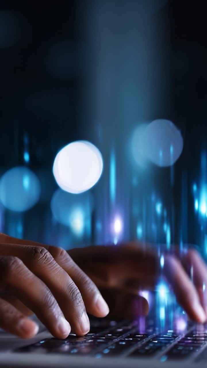 Fingers Typing on a Keyboard Surrounded by Digital Light Effects and Abstract Data Streams in a Modern Technological Environment of Innovation and Creativity
