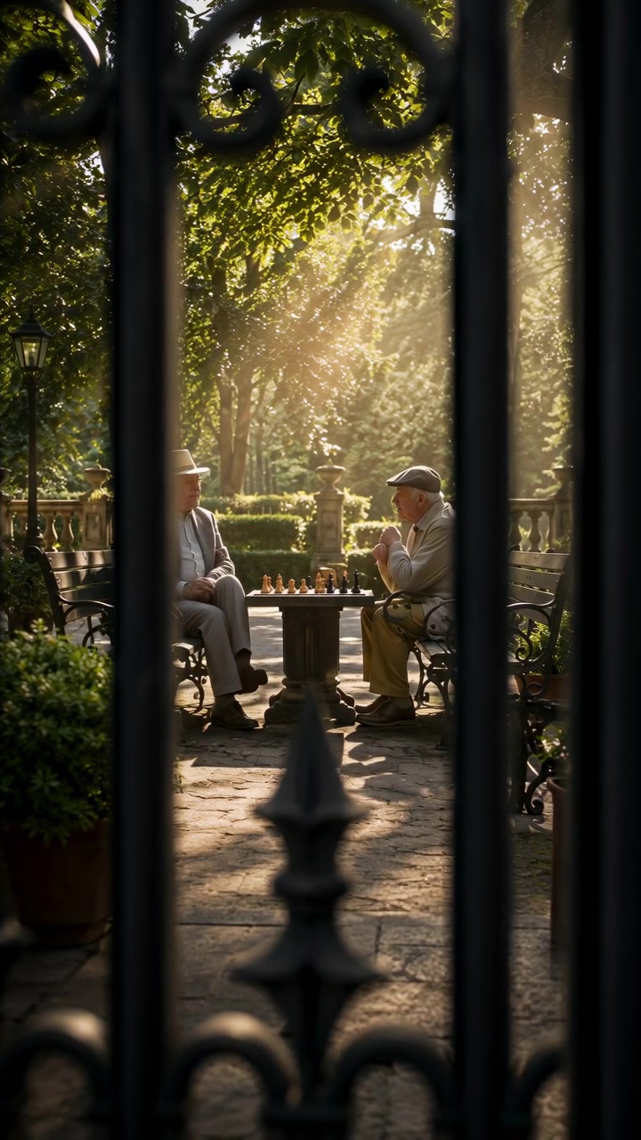 Cancello del giardino con luce solare che filtra, scena statica senza azione osservata, in un ambiente di giardino esterno, con cancello in ferro, luce solare, vegetazione, da una prospettiva neutra che guarda attraverso il cancello.