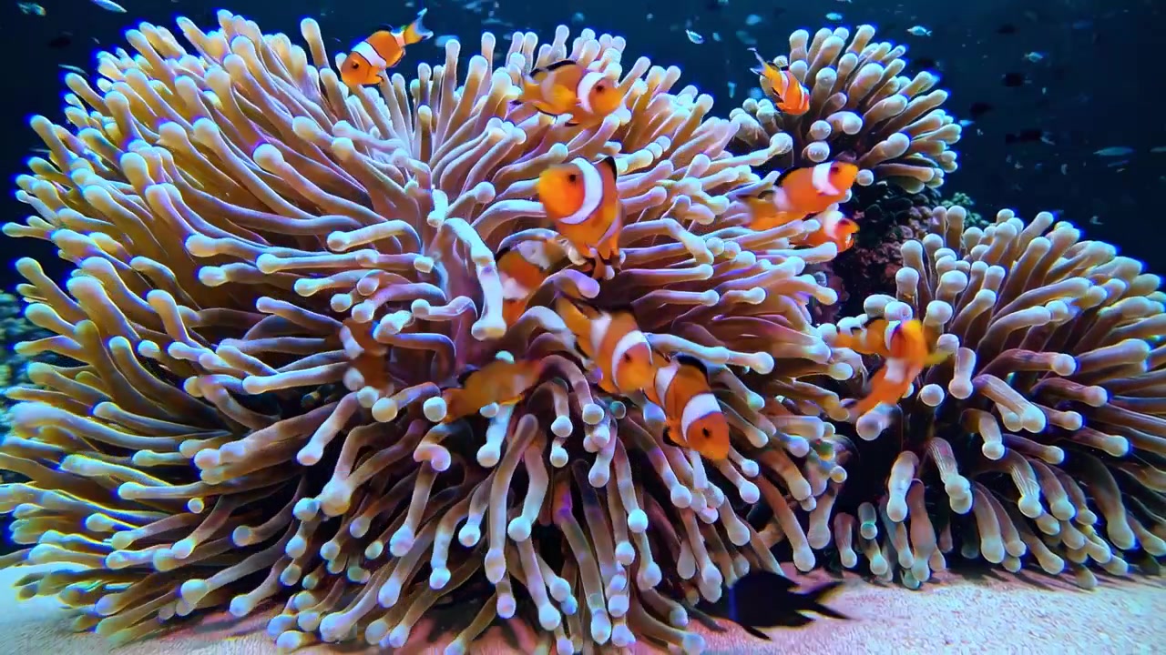 Pesce pagliaccio che nuota tra gli anemoni di mare su una barriera corallina