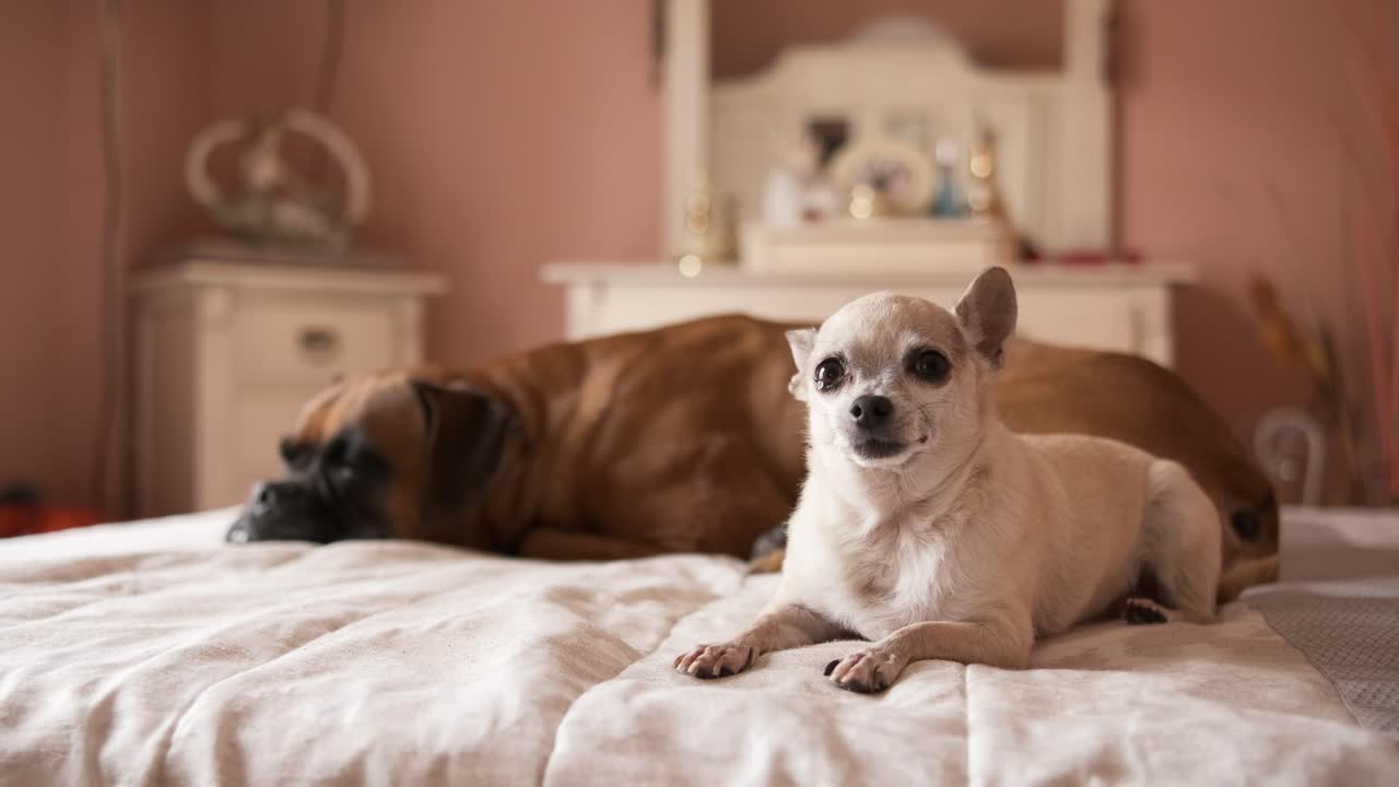 Cute pair of dogs lying on belly on cozy bed