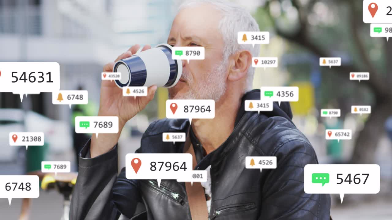 커피를 마시는 노인 위에 소셜 미디어 아이콘의 애니메이션