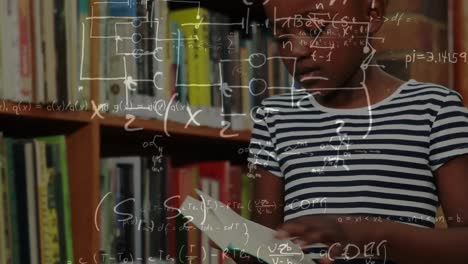 mathematical equations floating against african american girl reading book at library