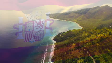 animation of flag of spain blowing over okay hands on beach landscape