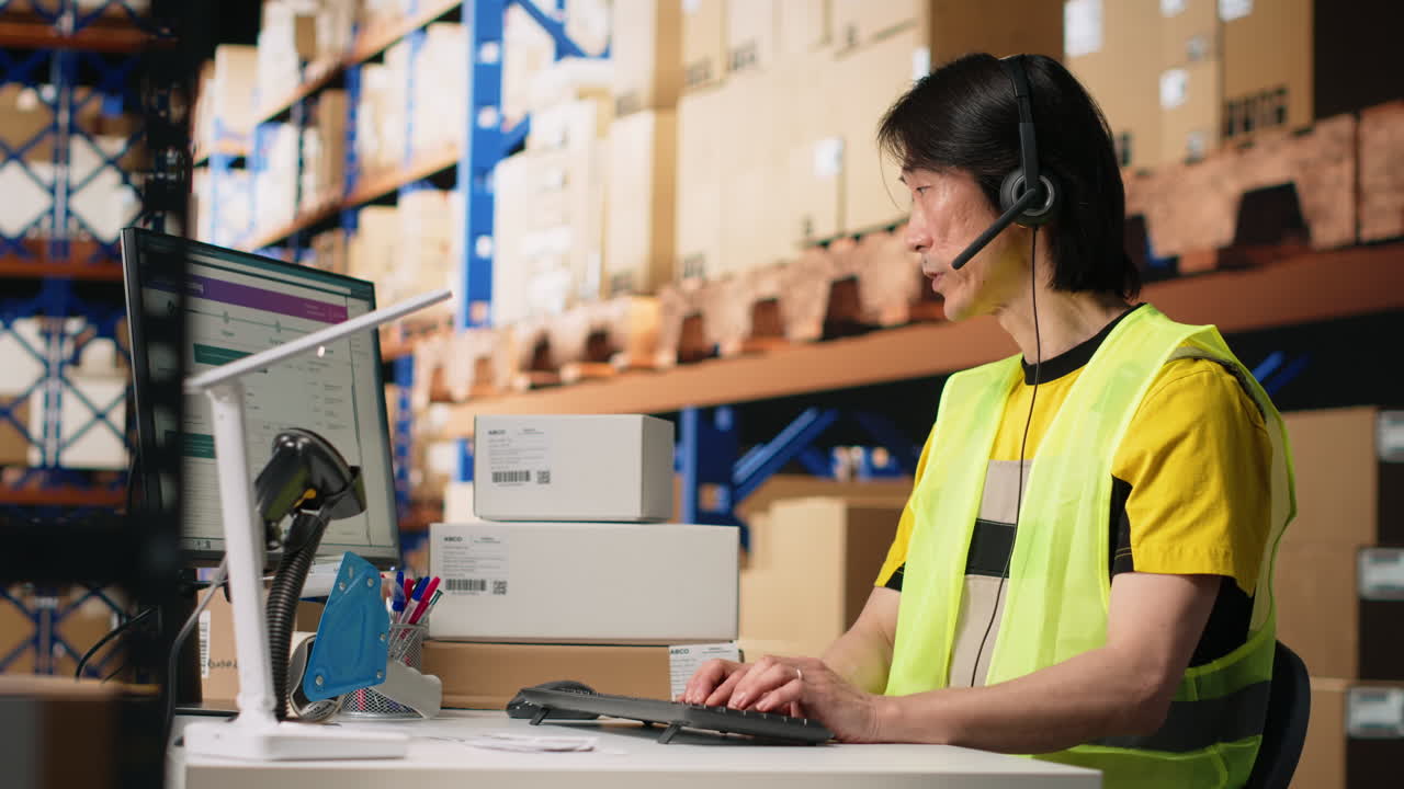 Vertical Video Call center employee assisting customers in a fulfillment center