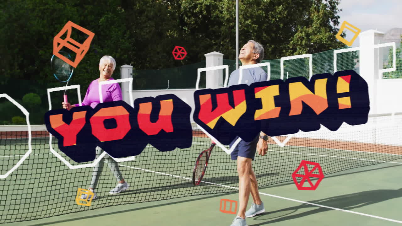 Health-focused senior tennis players high-fiving celebrating win, featuring YOU WIN graphic overlay
