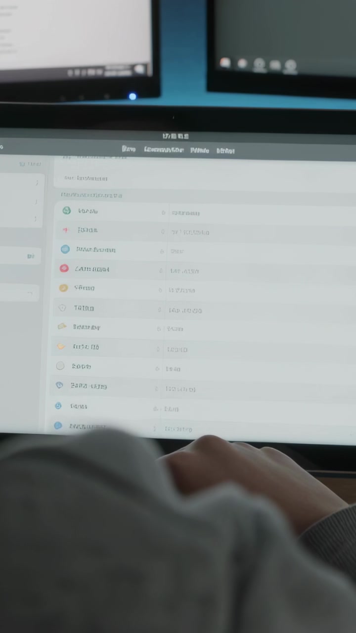 Vertical video: Reaching person in gray hoodie tapping lower touch display at desk to select entry
