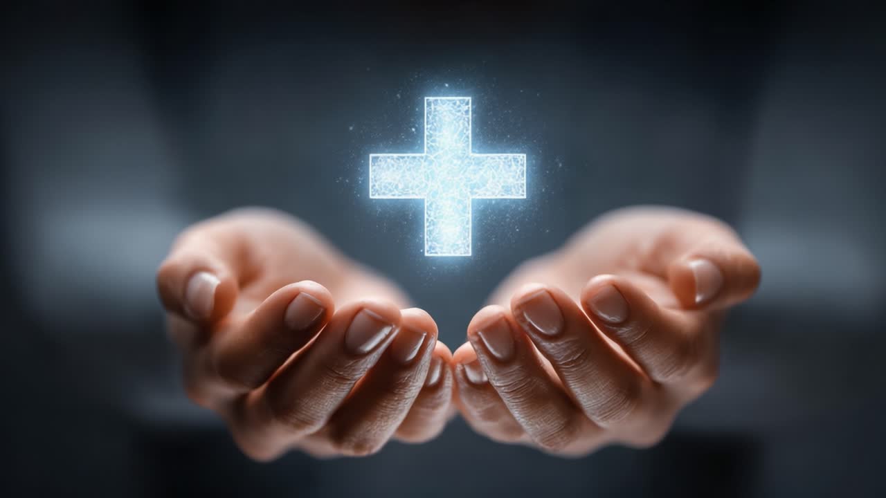A Symbol of Hope and Care: Illuminated Plus Sign Held in Hands Signifying Health, Healing, and Support