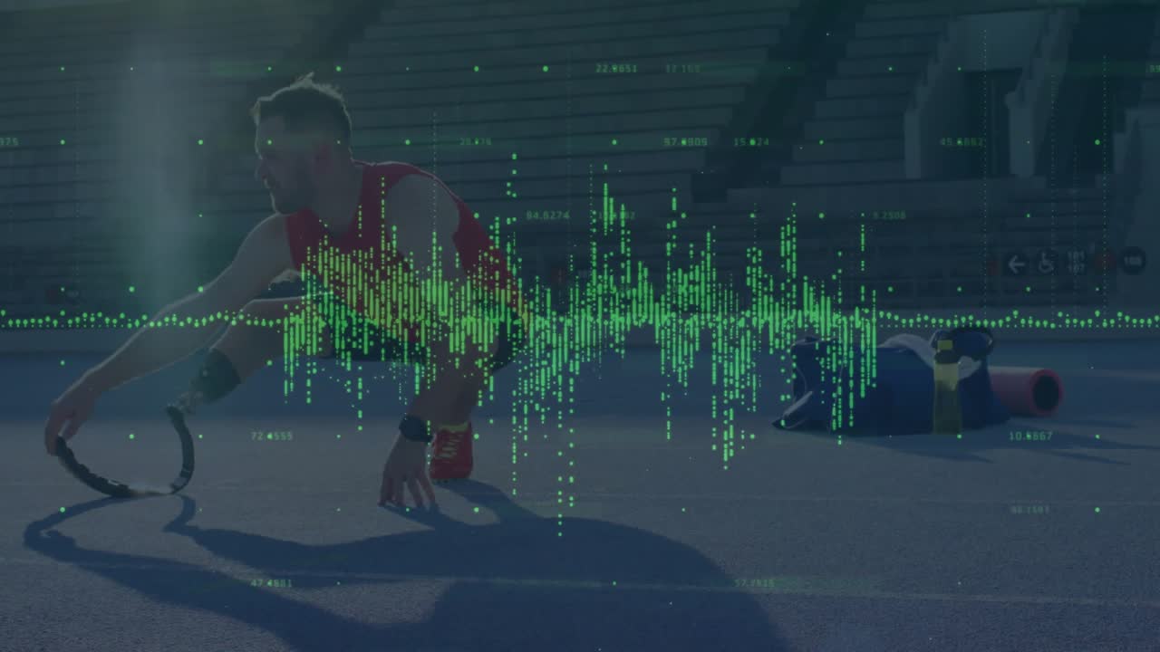 Male athlete crouching and adjusting prosthetic running blade on track, overlaying health data