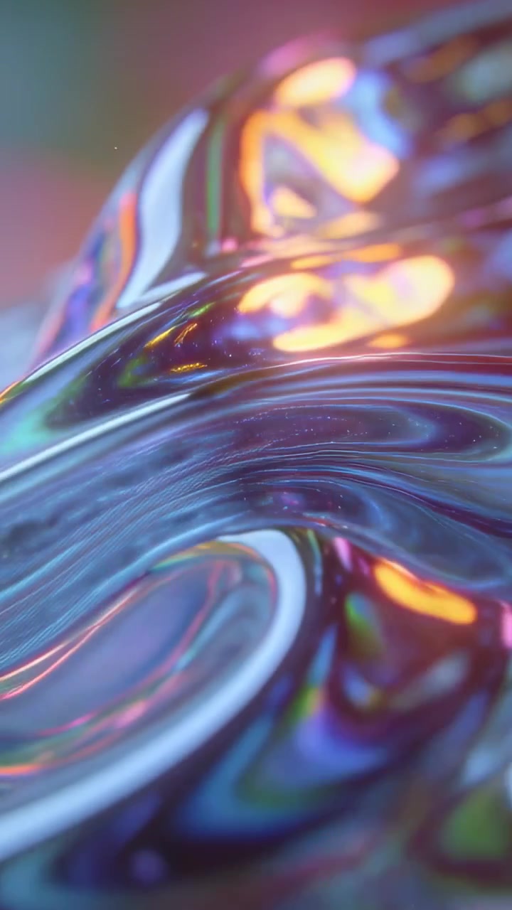 Vertical video: Moving camera showing glossy surface shifting in studio with amber glow, blue bokeh