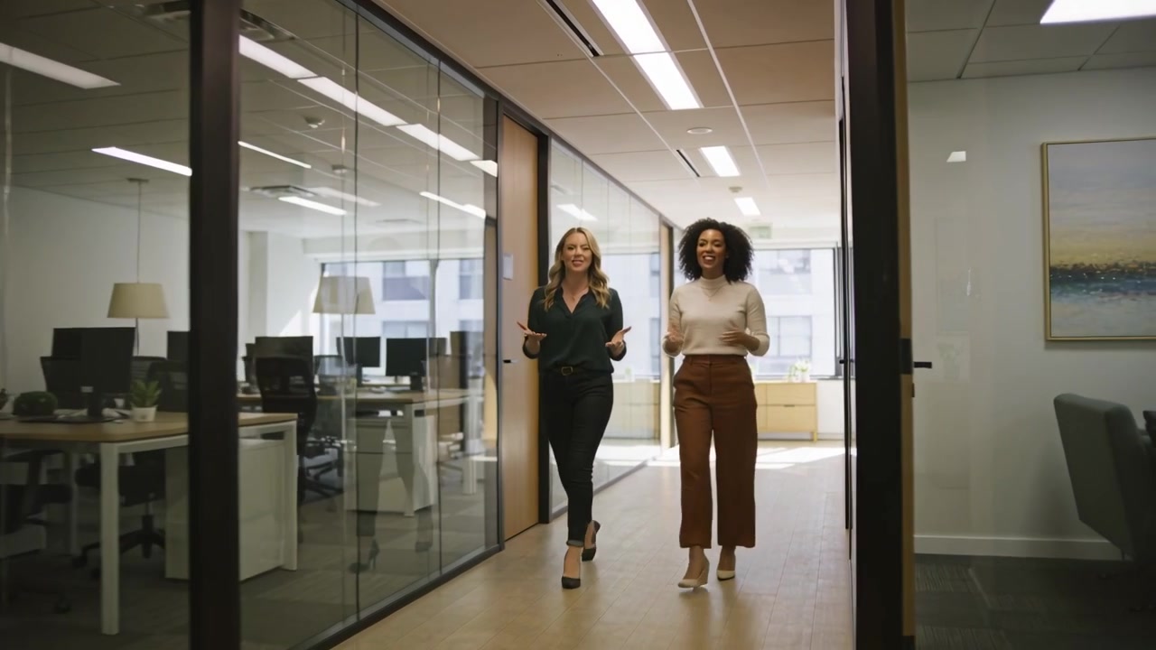 Walking two coworkers leaving glass corridor, discussing project while wearing office clothes