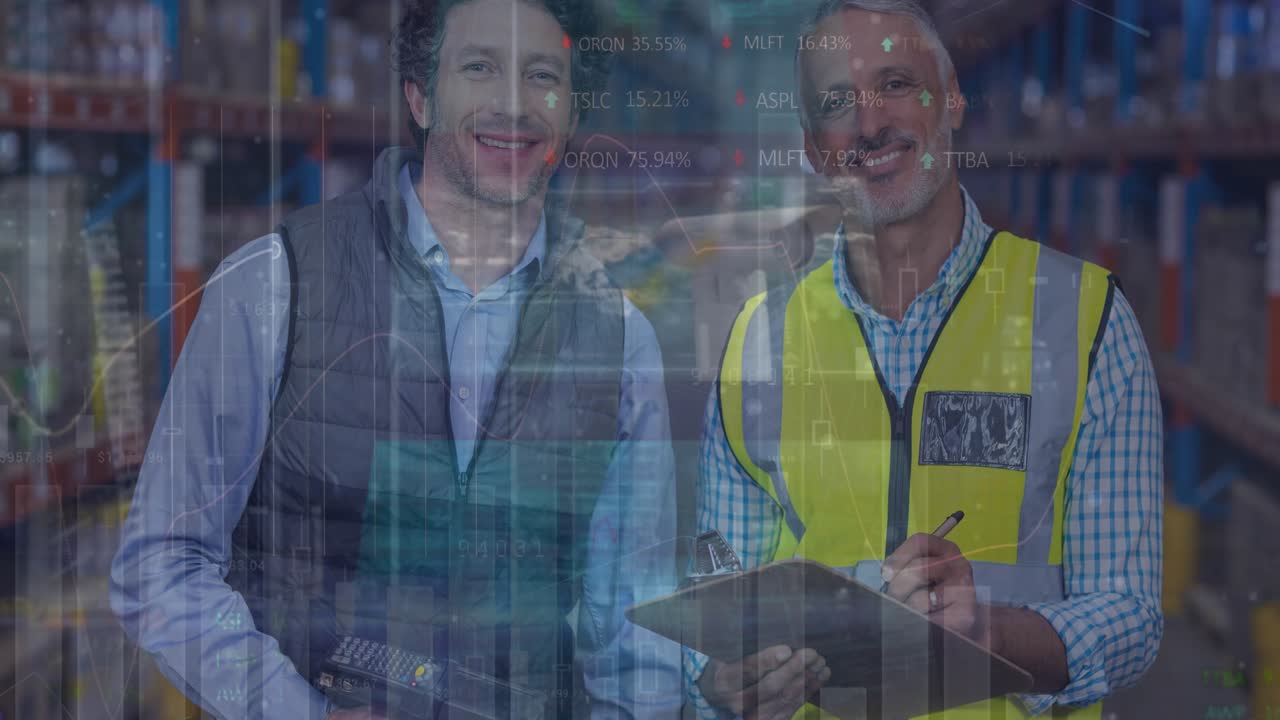 Animazione di elaborazione di statistiche e dati finanziari su fattorino e furgone