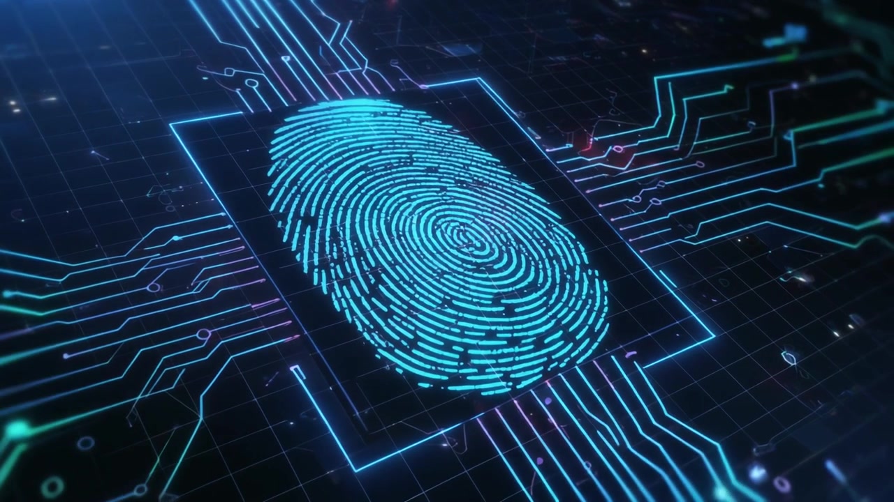 Digital Fingerprint Scanning on Futuristic Circuit Board Background
